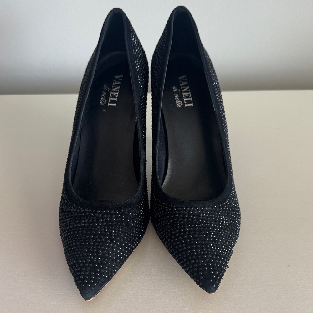 Vaneli Black Crystal-Embellished Pointed Toe Pumps